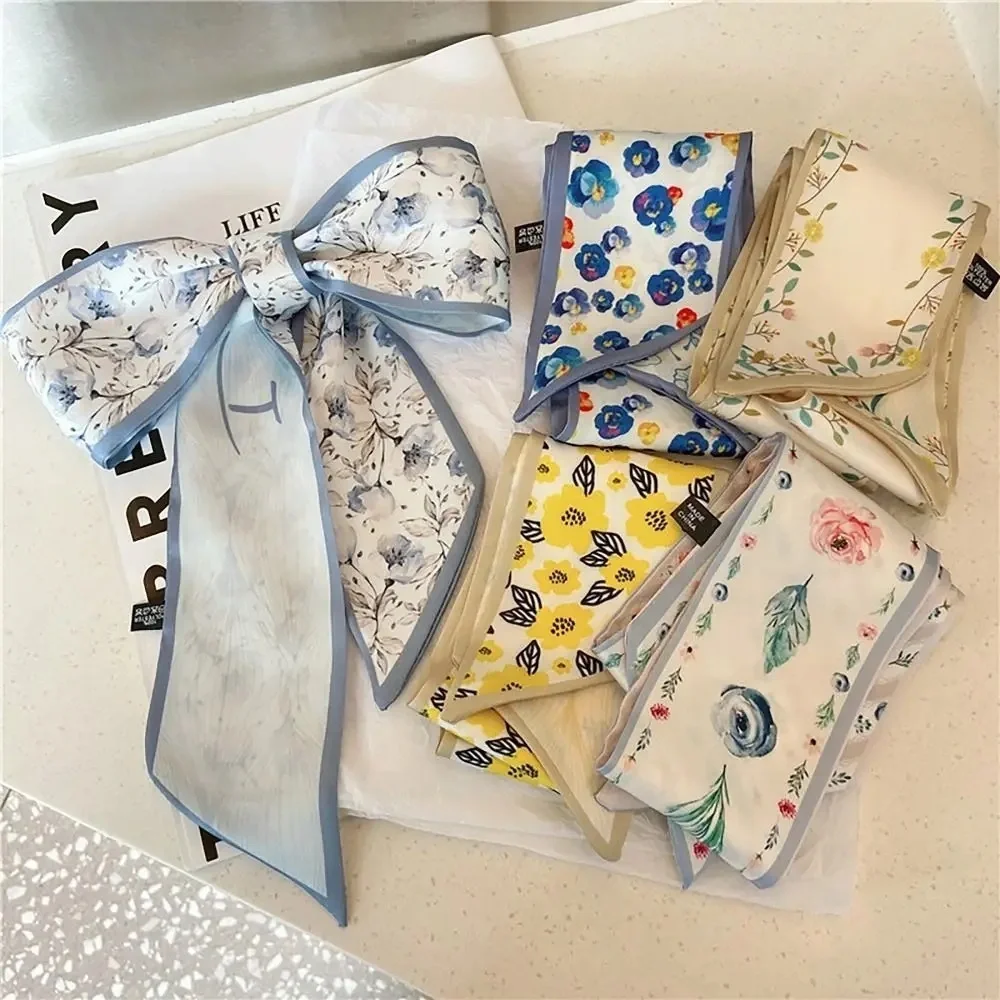 Romantic Floral Twilly Silk Scarf Set French Girl Coquette Ribbon Botanical